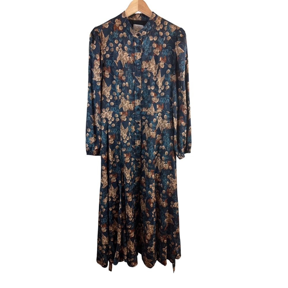 POSE Floral Maxi Shirt Dress Size S Blue Brown Long Sleeve Button Down